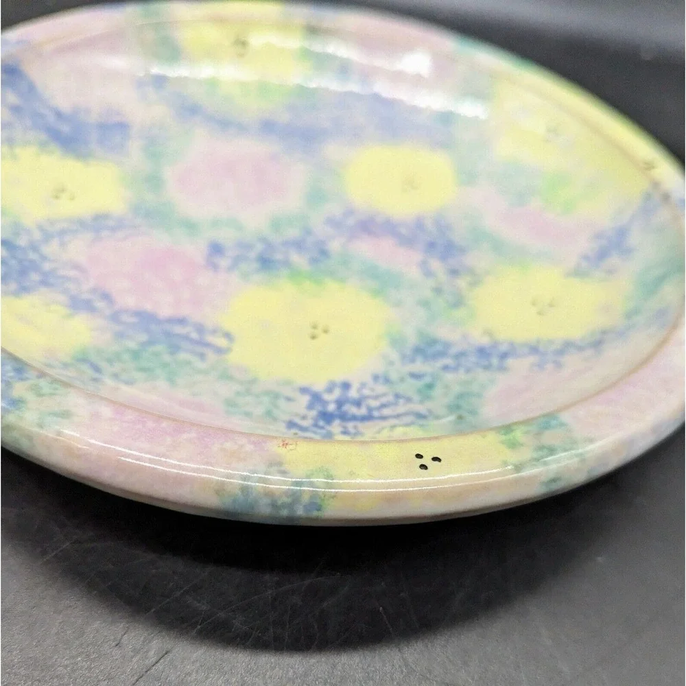 Vntg SPONGED FLORAL REDWARE PIE PLATE Christian Ridge Pottery Paris Maine 7.75